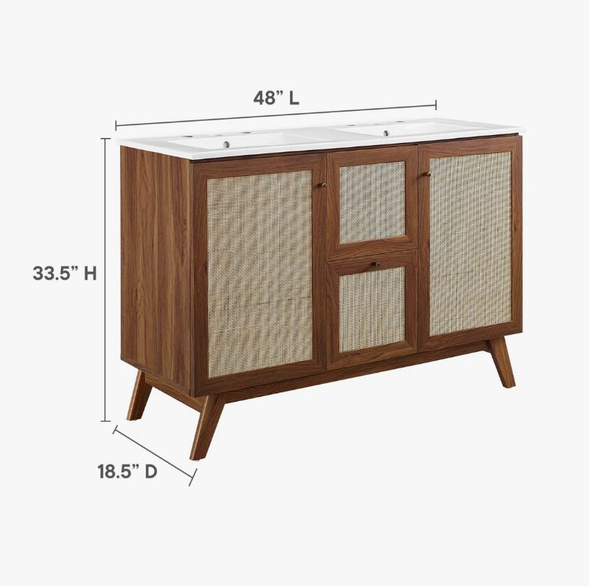 16 48 Inch Walnut Rattan Double Sink Mid-Century Bathroom Vanity with White Quartz Top