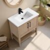 16 30 Inch Weathered Oak Freestanding Bathroom Vanity with White Integrated Sink & Open Bottom Shelf