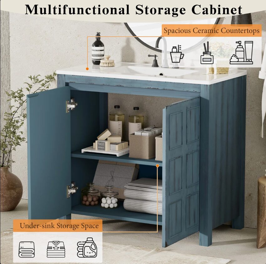 16 Rustic Distressed Blue Freestanding Vanity Cabinet with Double Storage Shelves