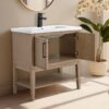 17 30 Inch Weathered Oak Freestanding Bathroom Vanity with White Integrated Sink & Open Bottom Shelf