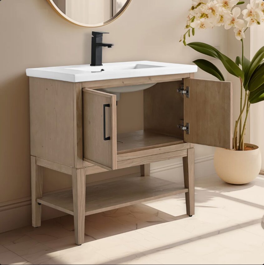 17 30 Inch Weathered Oak Freestanding Bathroom Vanity with White Integrated Sink & Open Bottom Shelf