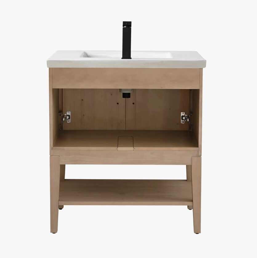 18 30 Inch Weathered Oak Freestanding Bathroom Vanity with White Integrated Sink & Open Bottom Shelf