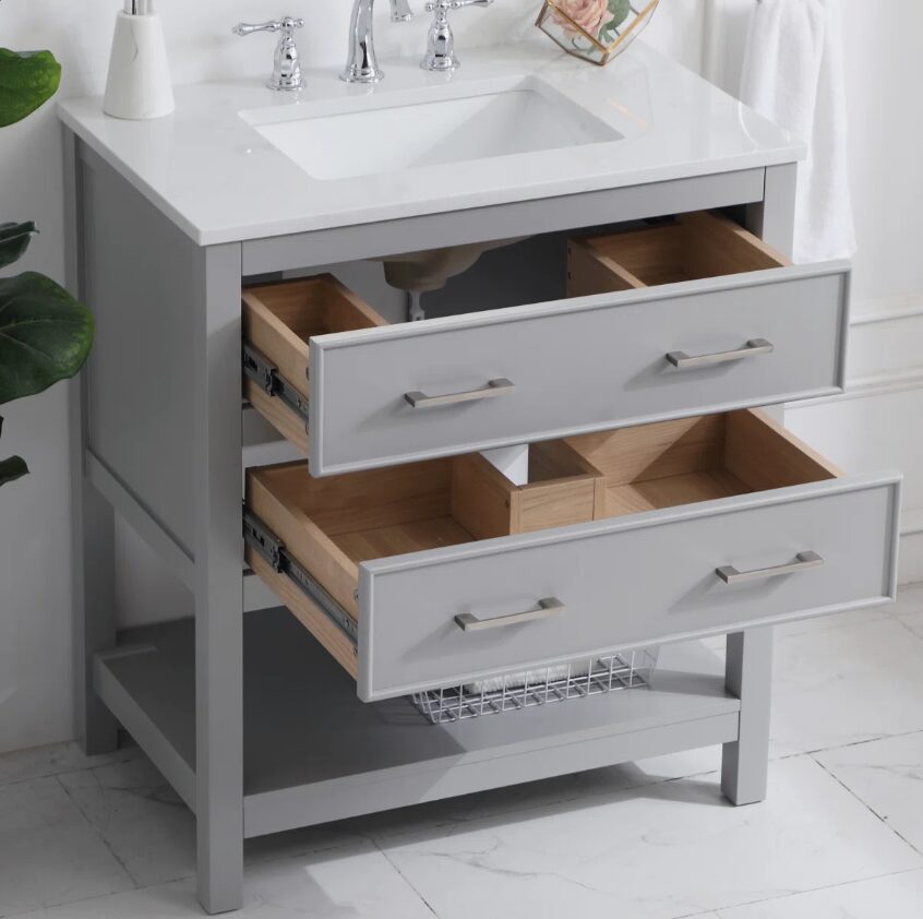 2 Light Gray Open Shelf Bathroom Vanity with White Quartz Countertop