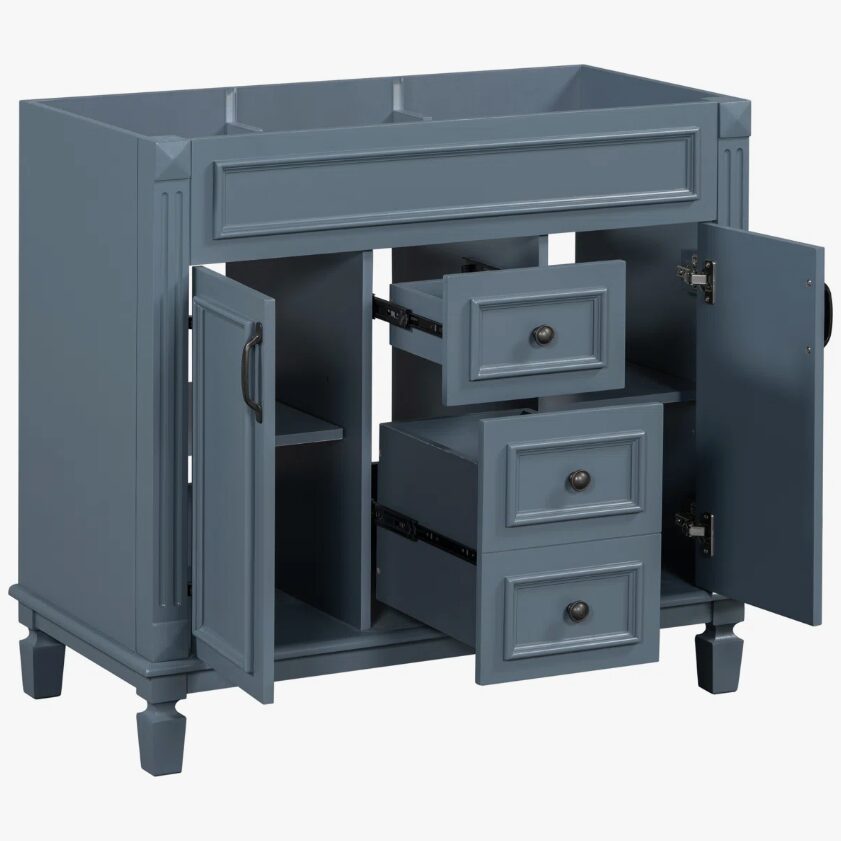 2 Farmhouse Blue Freestanding Vanity Base with Raised Panel Doors & Decorative Legs