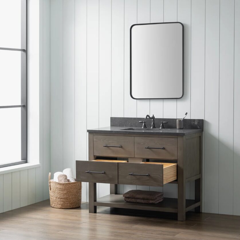 2 Rustic Gray Freestanding Single Sink Vanity with Open Towel Storage Shelf