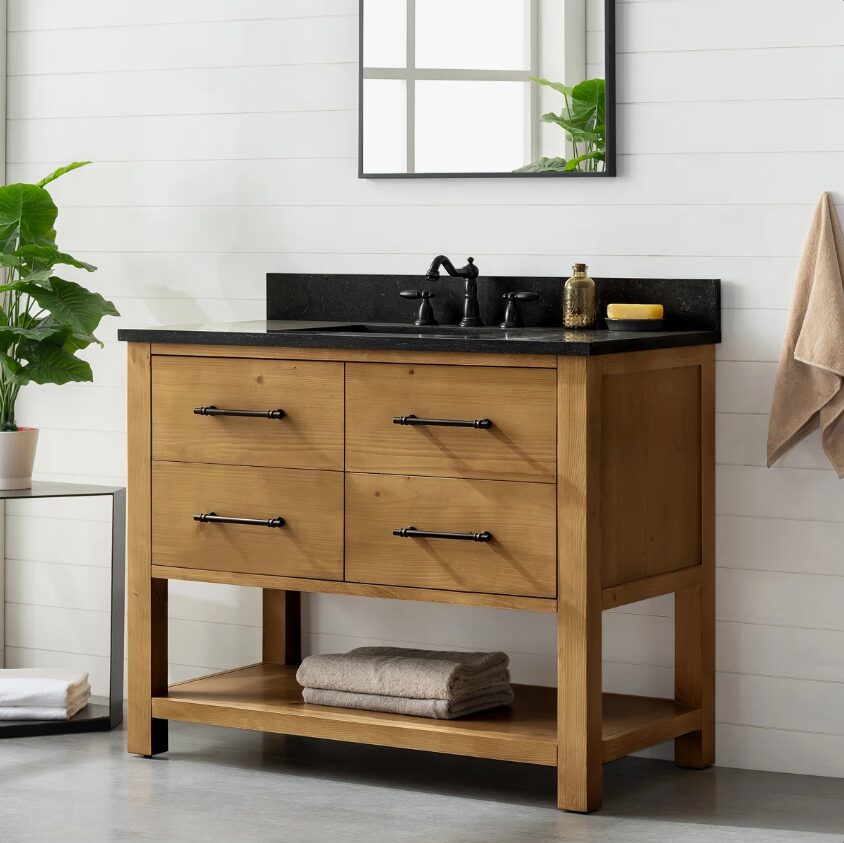 2 Rustic Natural Wood Freestanding Single Sink Vanity with Open Storage Shelf