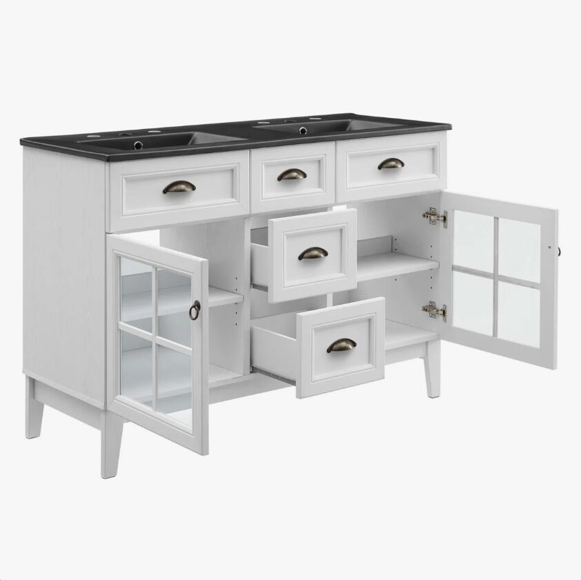 Farmhouse White Double Vanity Cabinet with Black Integrated Countertop