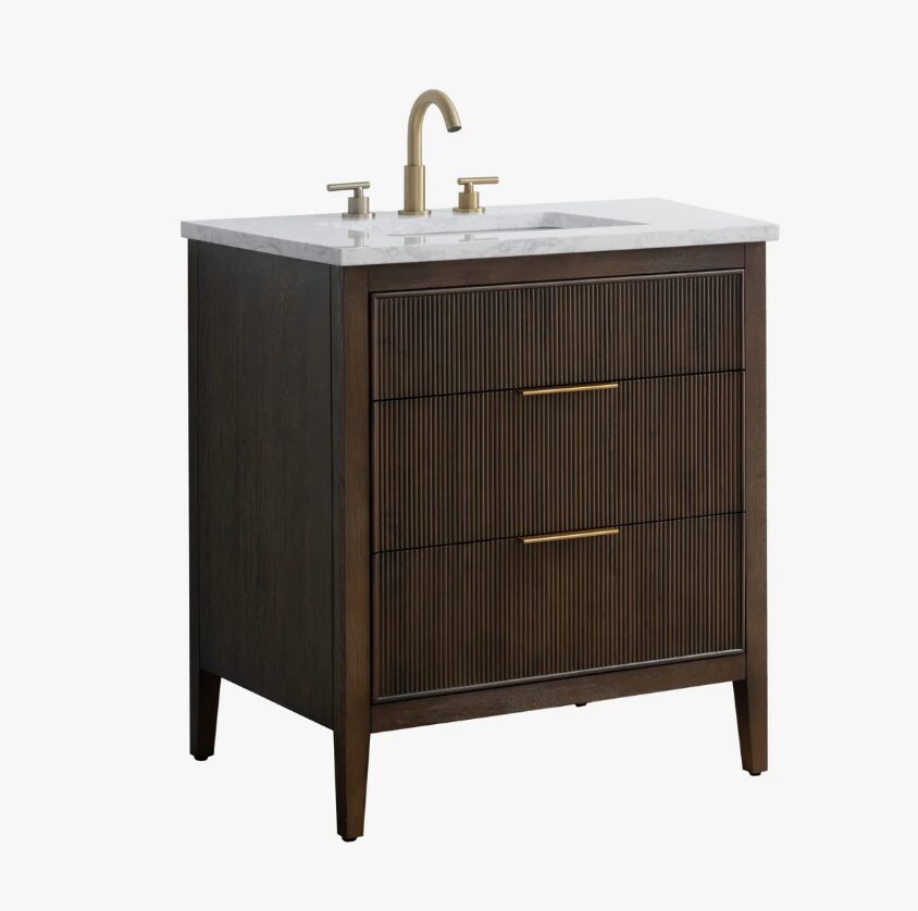 Fluted Walnut Vanity Cabinet with Marble Countertop