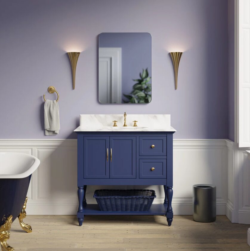 Transitional Navy Blue Freestanding Single Sink Vanity with Turned Legs & Storage Basket