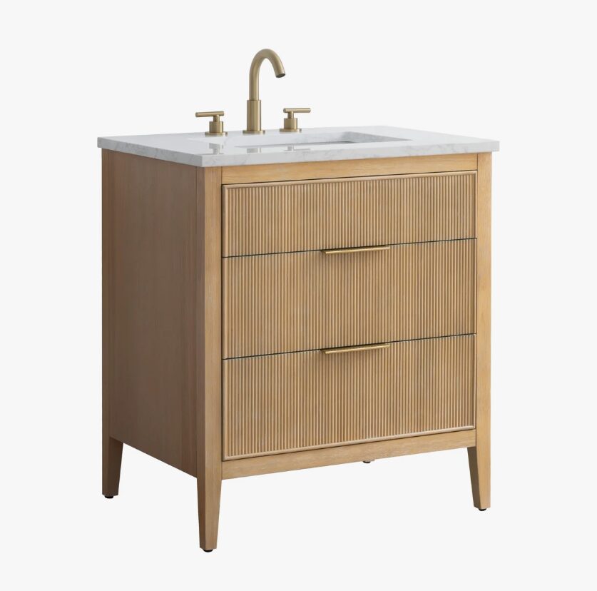 2 Coastal Fluted Oak Bathroom Vanity with Marble Top