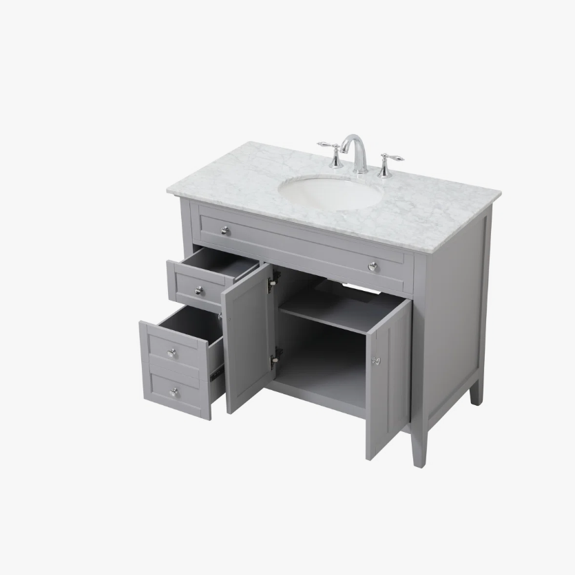 2 42" Modern Grey Wood Bathroom Vanity with Natural Marble Countertop