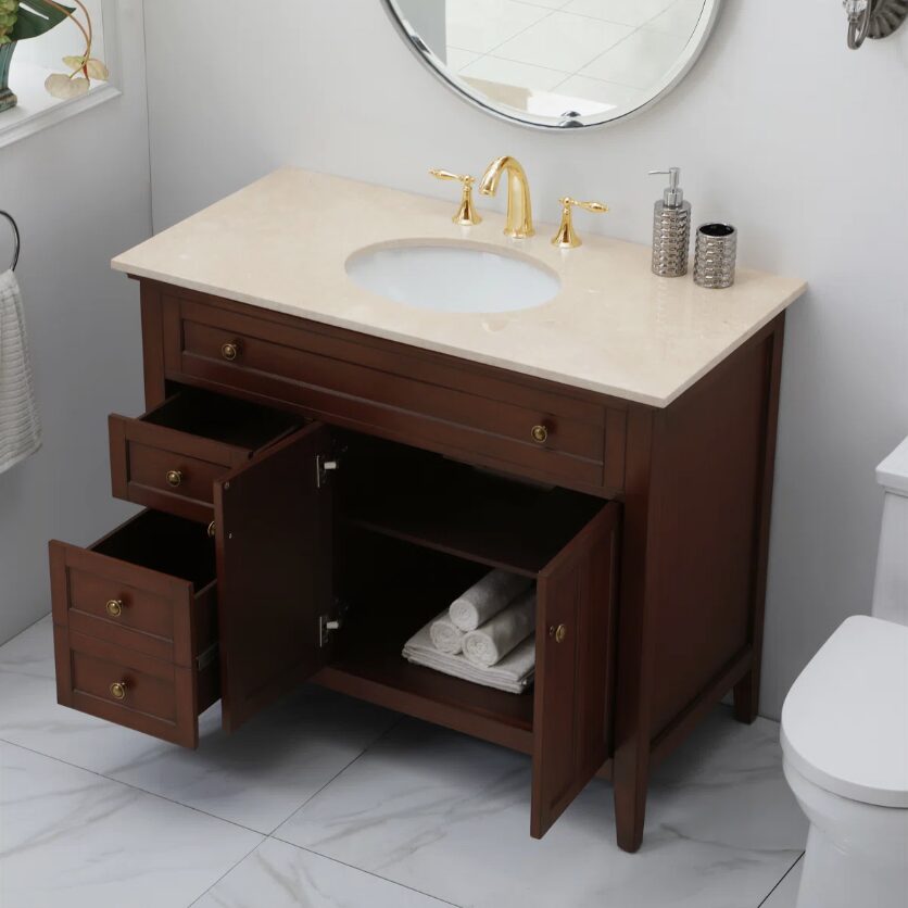 2 42" Classic Espresso Wood Bathroom Vanity with Natural Stone Countertop