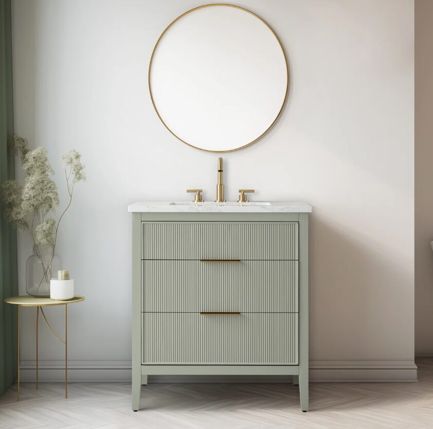 2 Soft Sage Reeded Bathroom Vanity with Brushed Gold Hardware