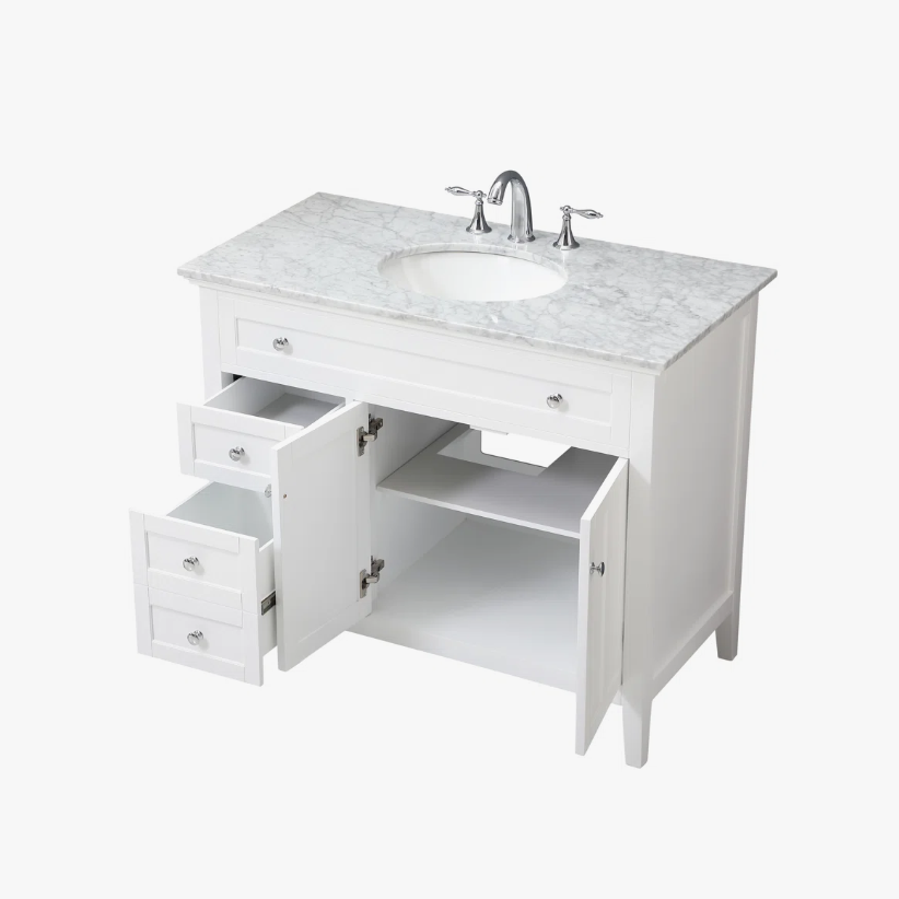 2 42 Inch White Shaker Single Sink Bathroom Vanity with Carrara Marble Top & 4 Drawers