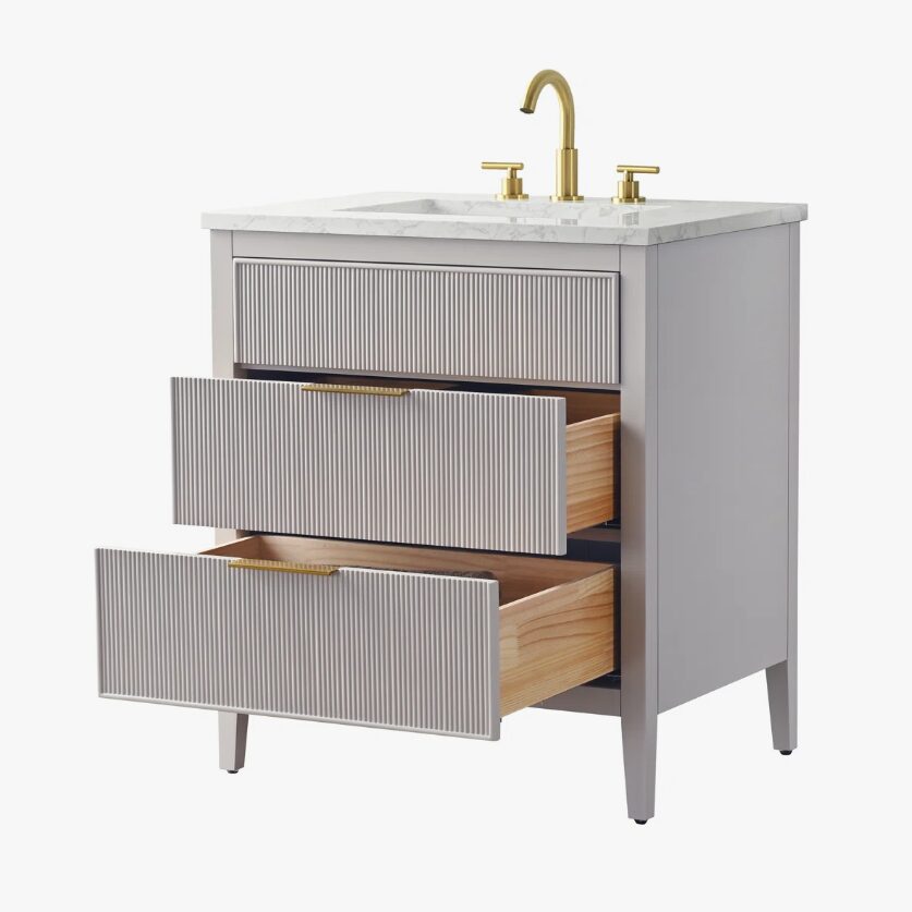 2 Soft Grey Reeded Bath Vanity with Brushed Gold Pull Handles