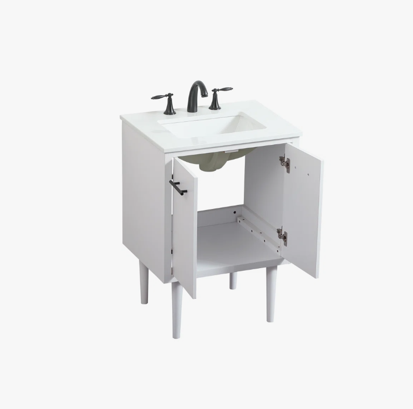 2 24 Inch White Mid-Century Single Sink Bathroom Vanity with White Quartz Top