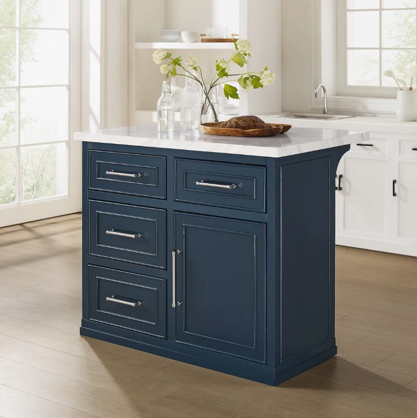 2 42 Inch Navy Blue Shaker Kitchen Island with Carrara Marble Countertop