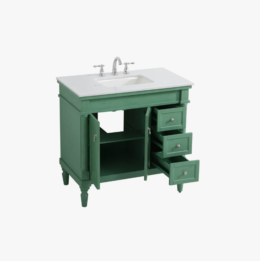2 36 Inch Sage Green Traditional Single Sink Bathroom Vanity with White Quartz Top