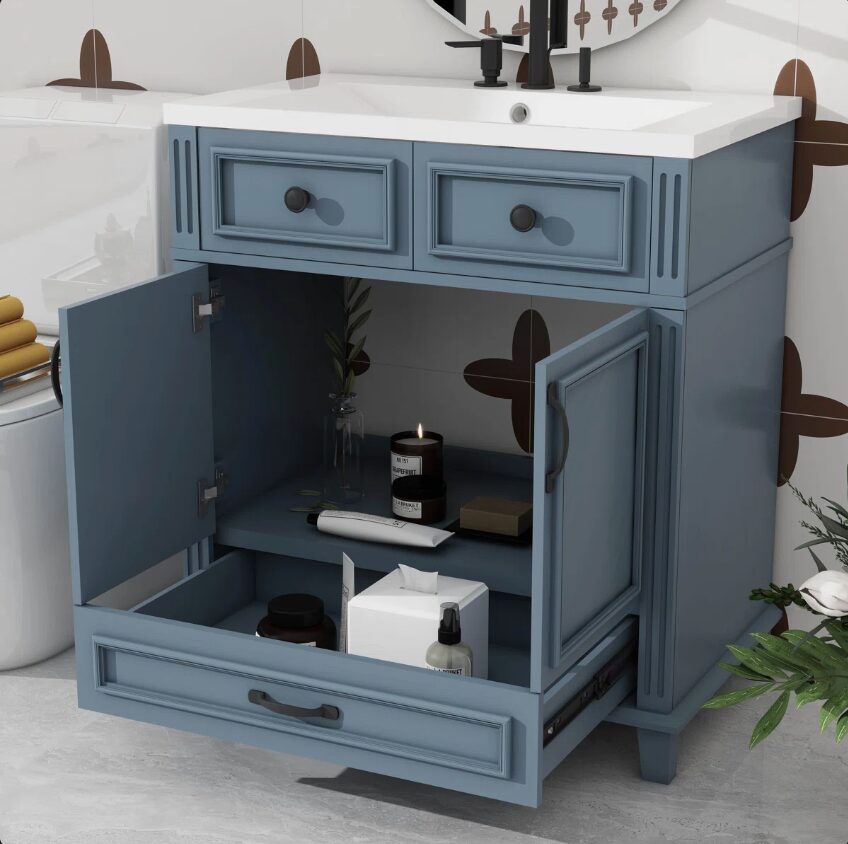 2 Modern Navy Blue Bathroom Vanity Cabinet with Soft Close Doors & Multi Drawer Storage