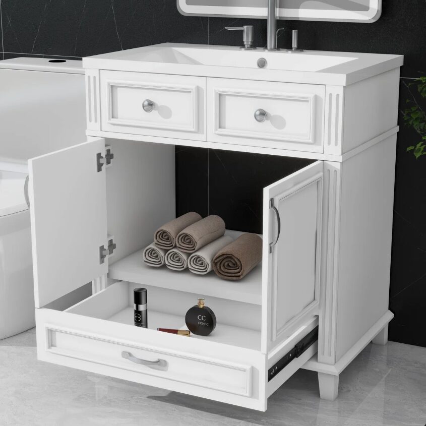 2 30 Inch White Shaker Freestanding Bathroom Vanity with Integrated Ceramic Sink & Large Storage Drawer