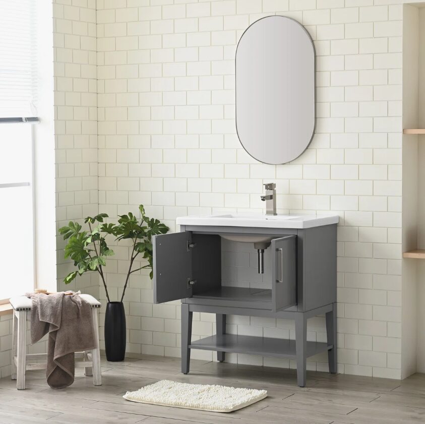 2 30 Inch Grey Freestanding Bathroom Vanity with White Ceramic Sink & Open Storage Shelf