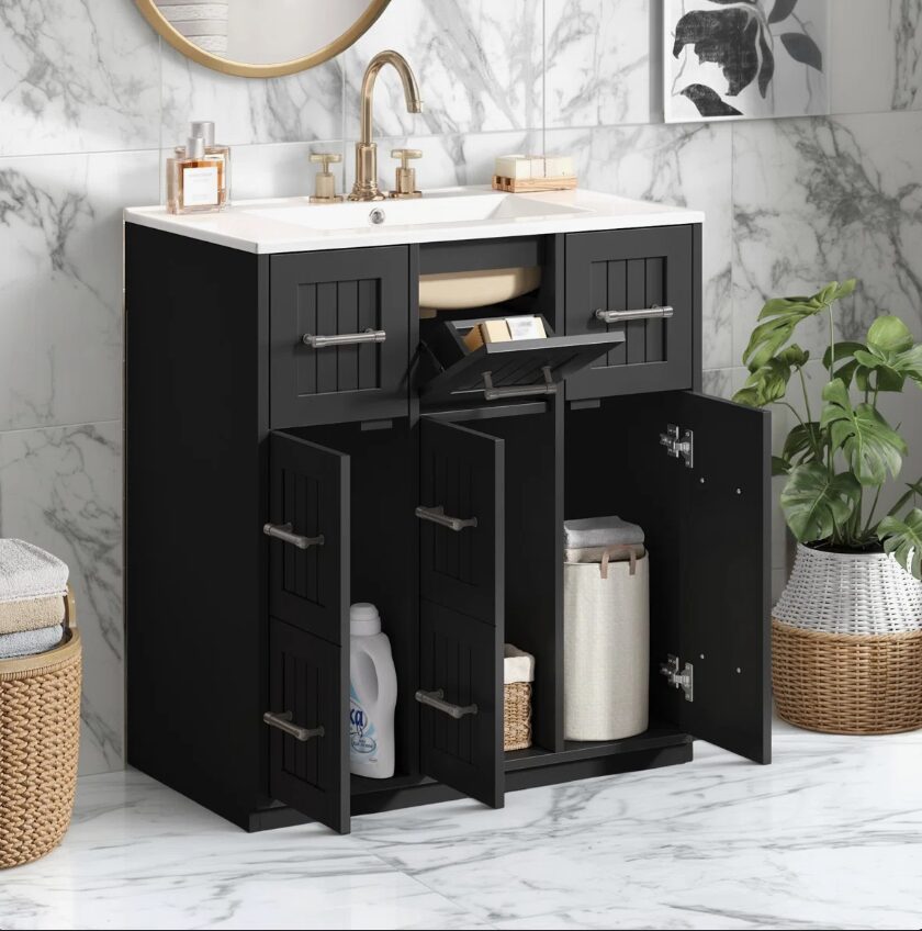 30" Black Vanity with White Sink & 9 Storage Drawers