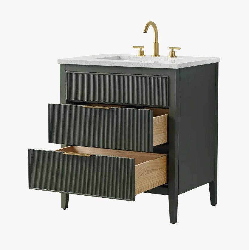 Farmhouse Dark Olive Fluted Vanity for Small Bathroom