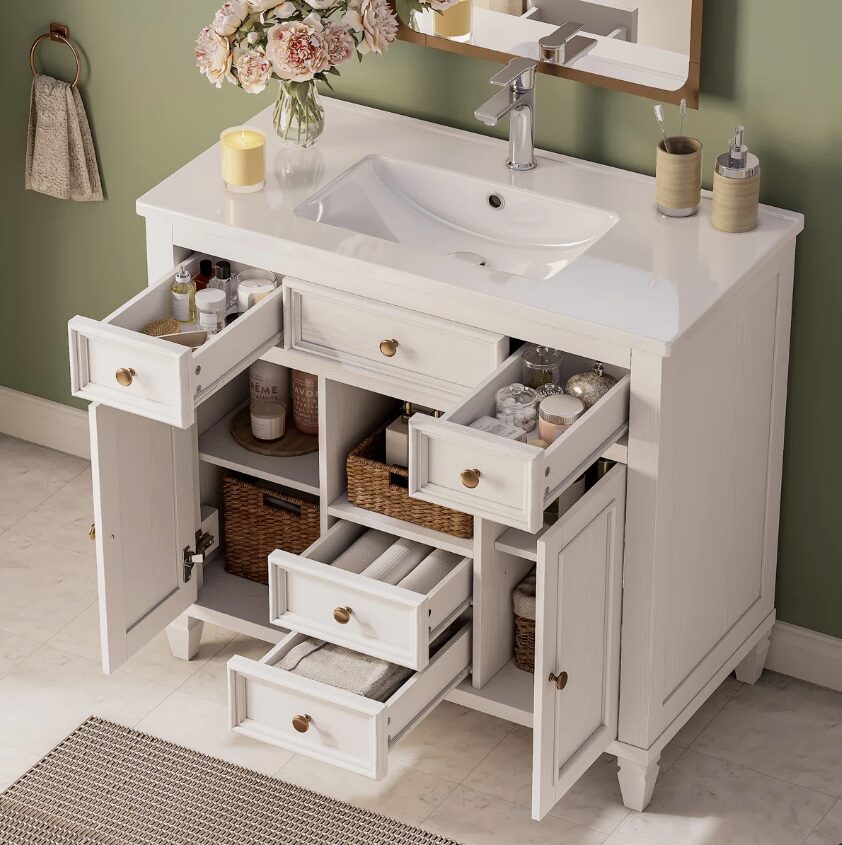 36" Traditional White Single Sink Vanity for Master & Guest Bathrooms