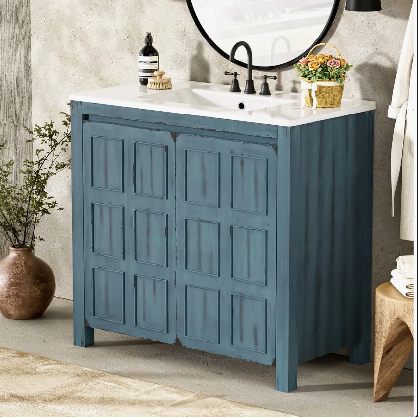 2 Rustic Distressed Blue Freestanding Vanity Cabinet with Double Storage Shelves