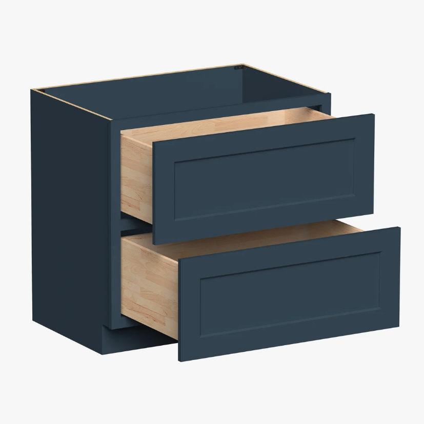 2 36" Navy Blue Shaker Double Drawer Face Frame Kitchen Base Cabinet