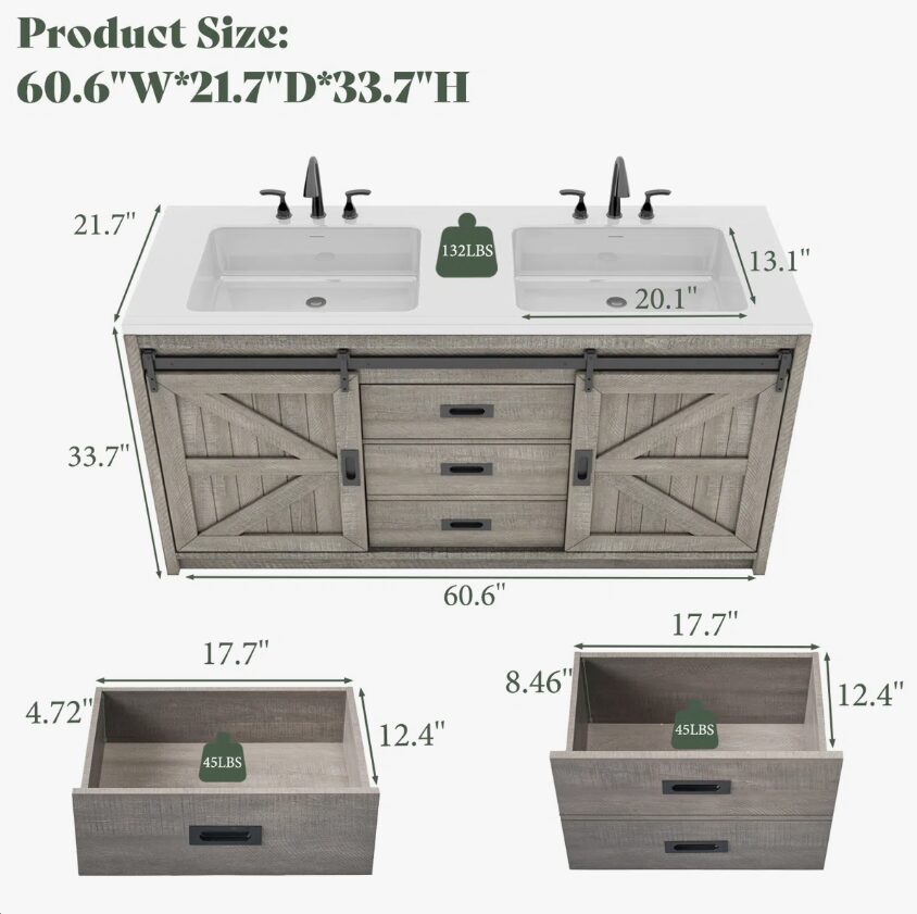 2 Rustic Grey Wood Double Vanity Cabinet with Storage Drawers