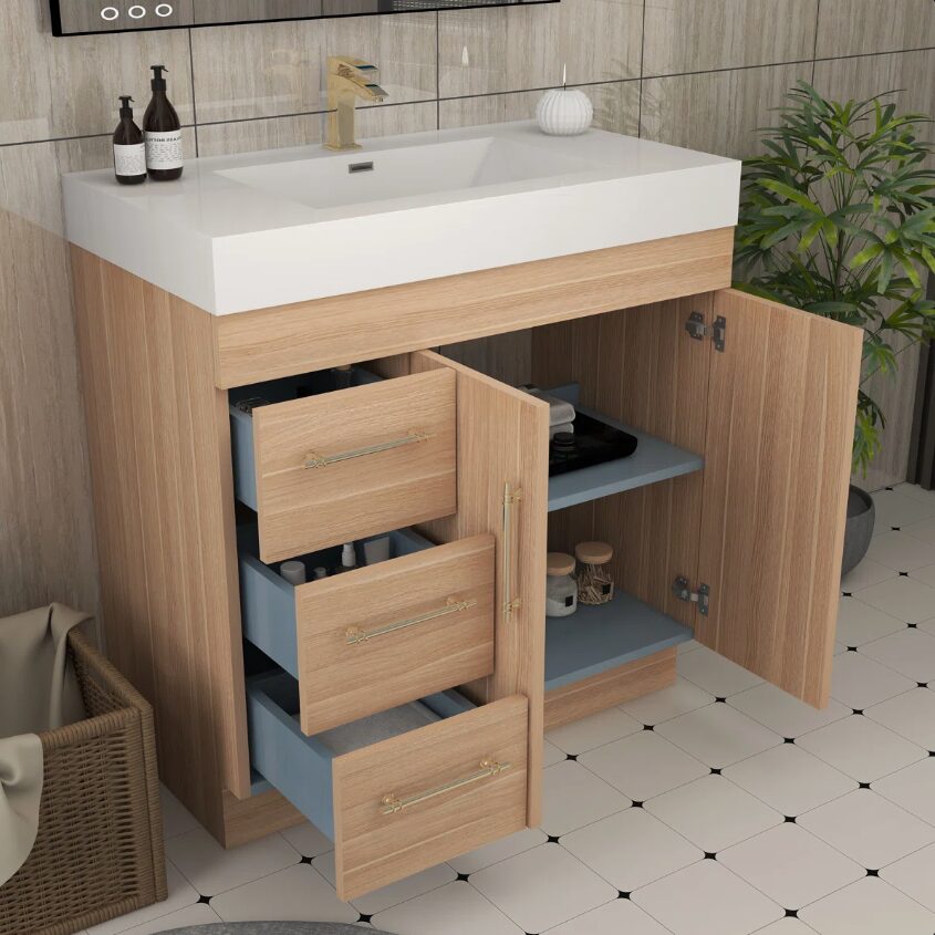 2 36 Inch Light Oak Single Sink Bathroom Vanity Integrated Solid Surface Top Soft Close Drawers & Doors