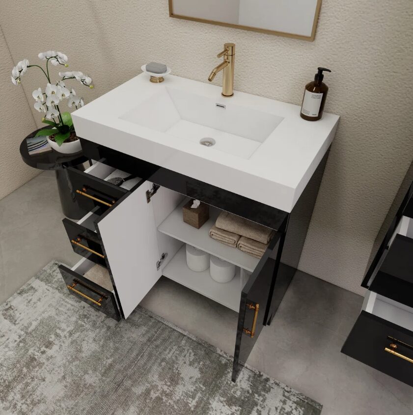 36 Inch High Gloss Black Single Sink Bathroom Vanity Solid Surface Top Soft Close Drawers Gold Hardware