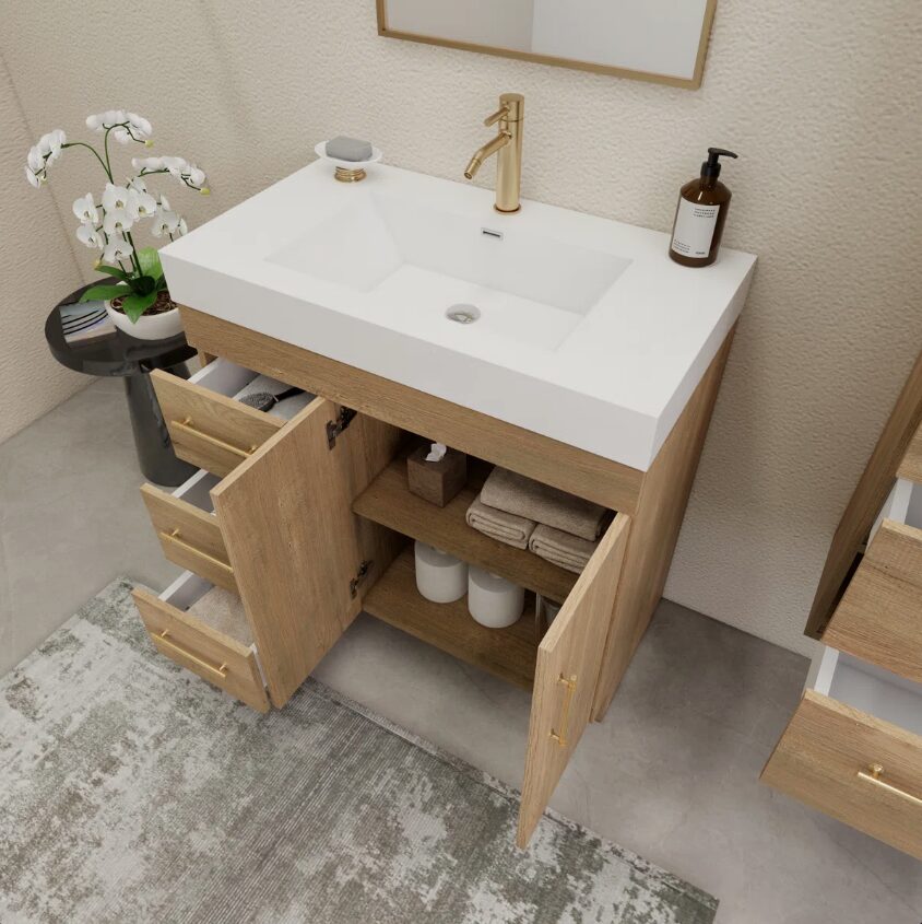 2 Modern Freestanding Oak Bathroom Vanity with 3 Drawers & Double Storage Doors