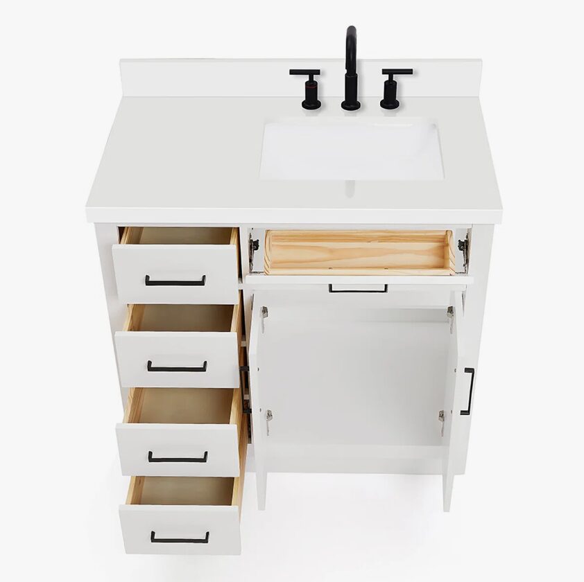 2 36 Inch White Shaker Single Sink Bathroom Vanity White Quartz Top Soft Close Drawers Matte Black Hardware