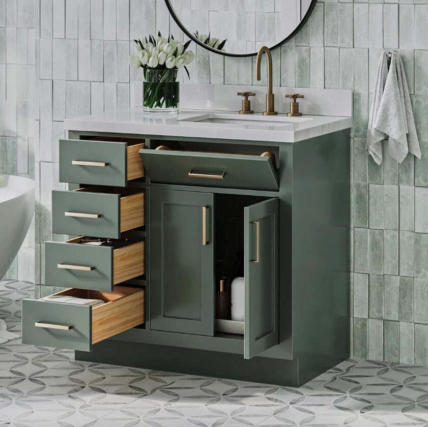 2 Modern Sage Green Shaker Vanity Cabinet with Dovetail Pine Drawers for Earthy Tone Bath Remodel