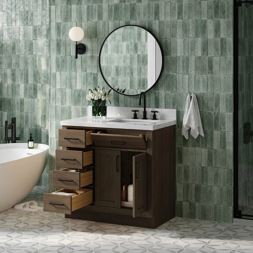 Modern Walnut Shaker Vanity Cabinet with Dovetail Wood Drawers for Farmhouse & Coastal Bath Remodel