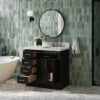 36 Inch Black Oak Shaker Single Sink Bathroom Vanity White Quartz Top Soft Close Drawers Brushed Gold Hardware