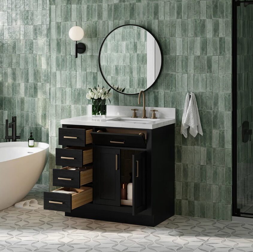 36 Inch Black Oak Shaker Single Sink Bathroom Vanity White Quartz Top Soft Close Drawers Brushed Gold Hardware
