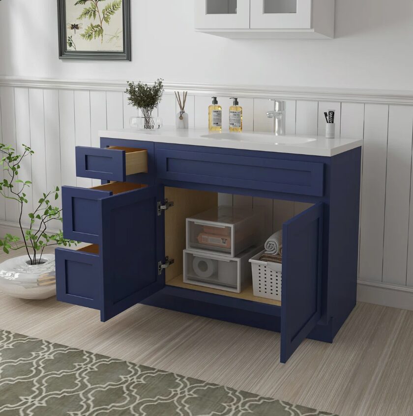 Modern Navy Blue Shaker Vanity Base Cabinet for Custom Quartz Countertop Bathroom Remodel