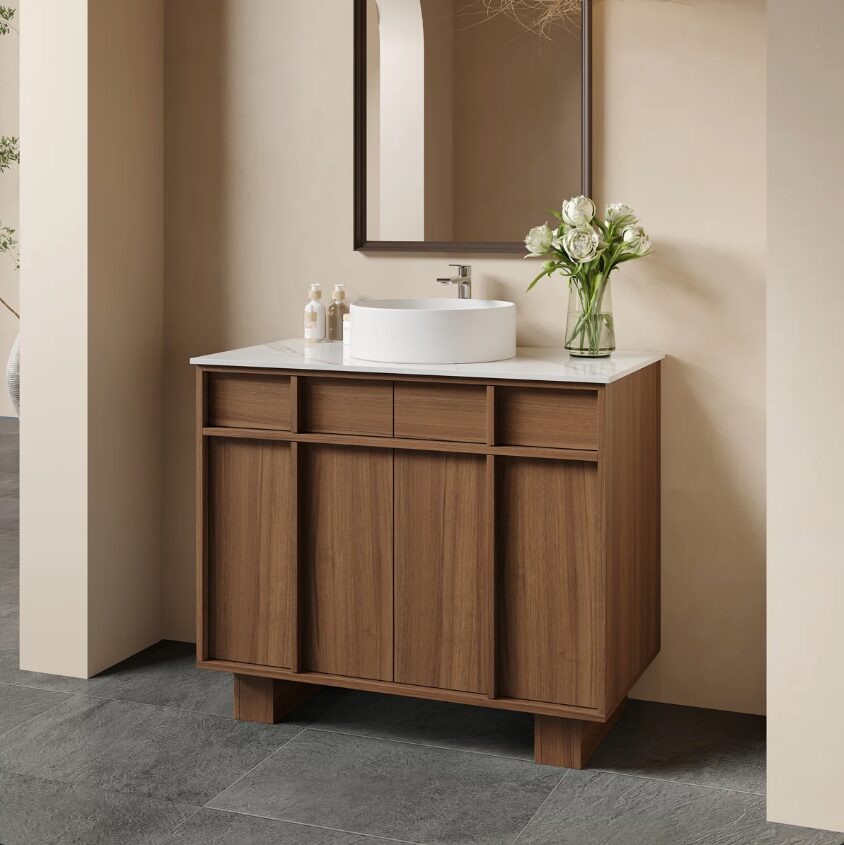 36 Inch Walnut Freestanding Bathroom Vanity Round Vessel Sink Soft Close Storage Drawers & Doors