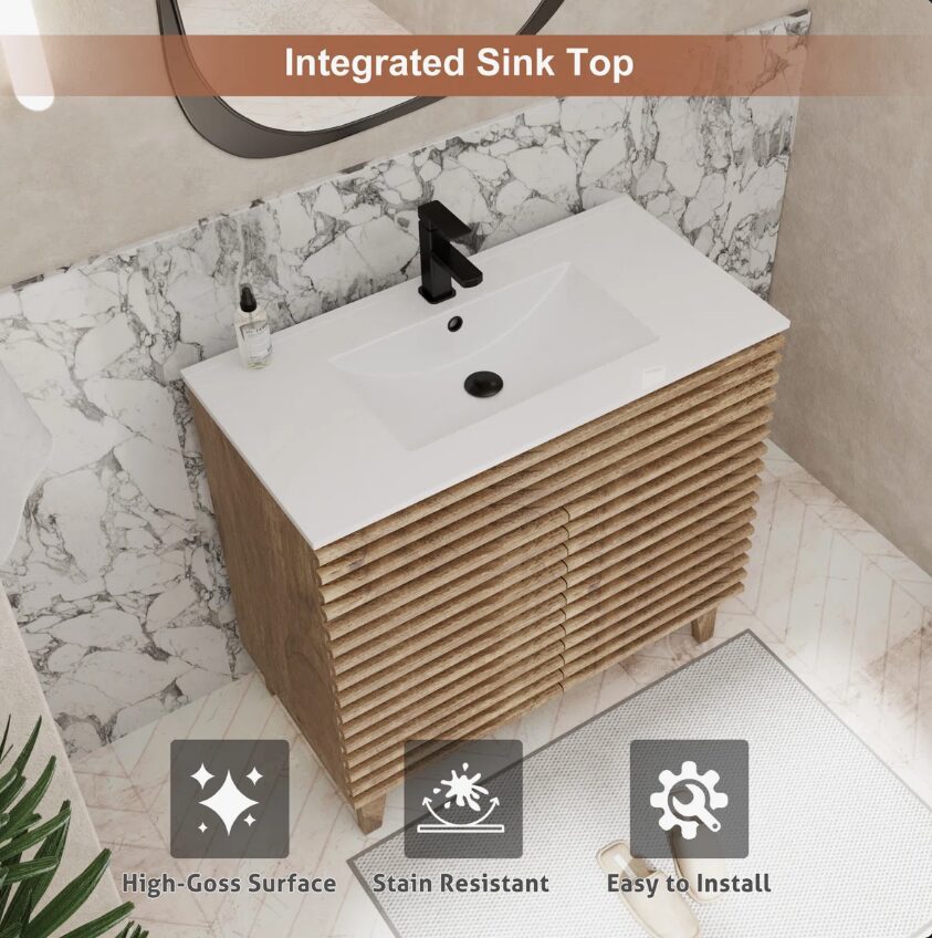2 36 Inch 3D Fluted Wood Bathroom Vanity with Integrated White Sink Soft Close Doors