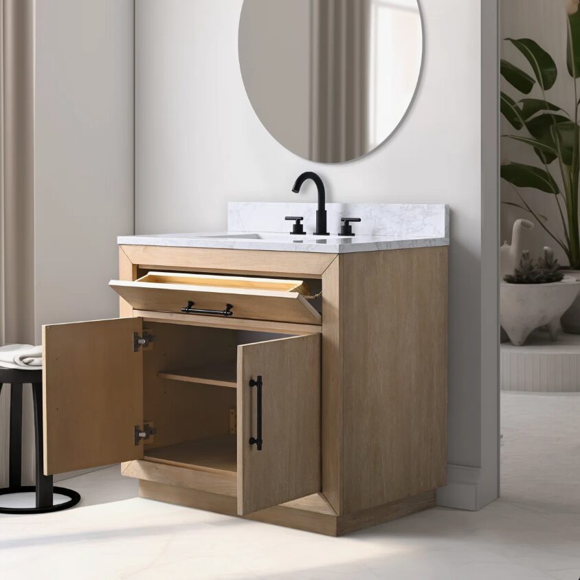 2 36 Inch Light Oak Single Sink Bathroom Vanity White Marble Countertop Soft Close Doors