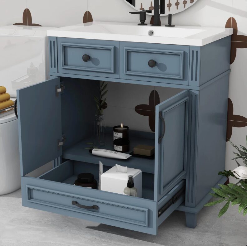 2 Freestanding Traditional Blue Wood Bathroom Vanity with White Integrated Sink Top