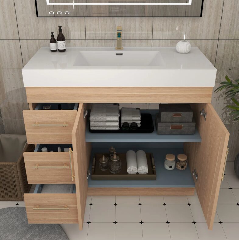 2 Wall Mount Light Wood Bathroom Vanity with Integrated White Solid Surface Sink Top