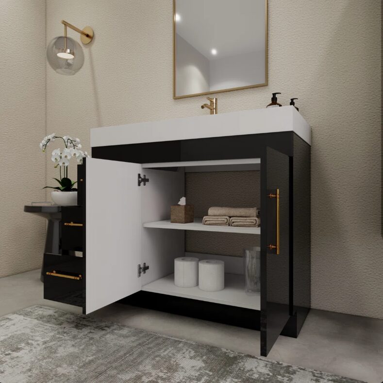Modern High Gloss Black Bathroom Vanity with Integrated White Solid Surface Sink Top