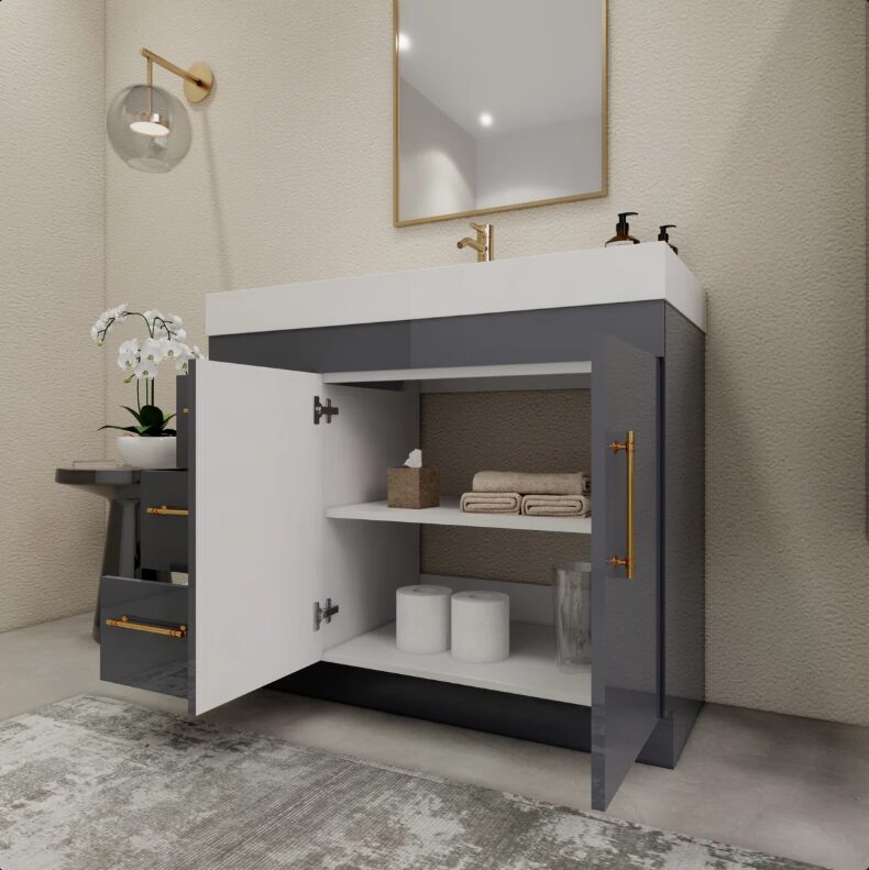 2 Modern High Gloss Gray Bathroom Vanity with Integrated White Solid Surface Sink Top
