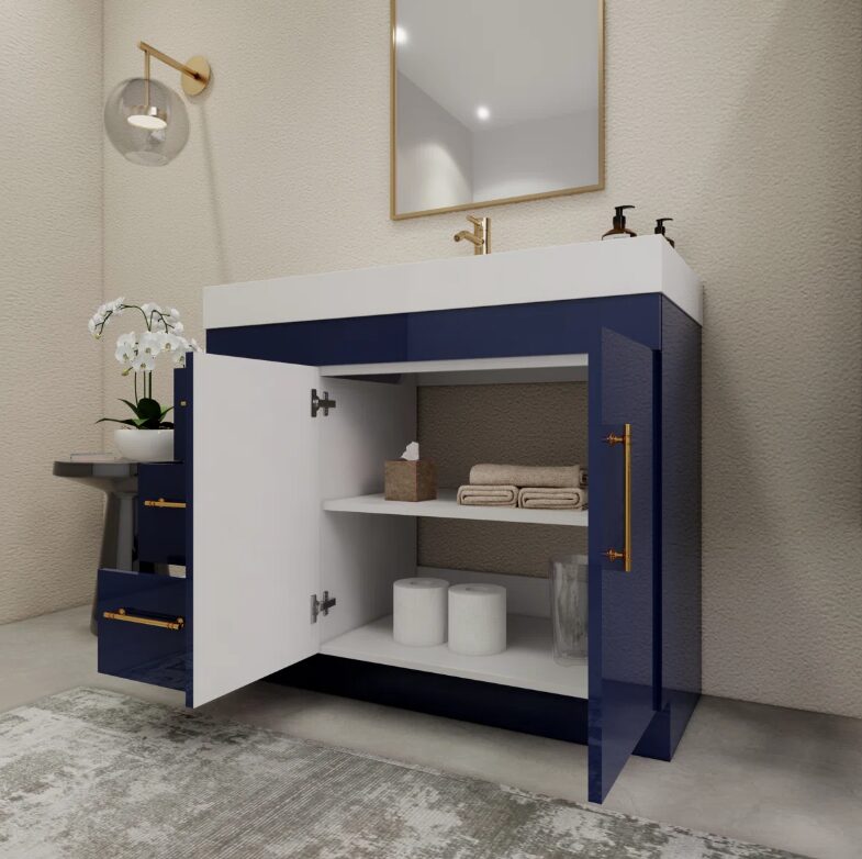 2 Modern Gloss Navy Bathroom Vanity Cabinet with Integrated White Solid Surface Sink Top