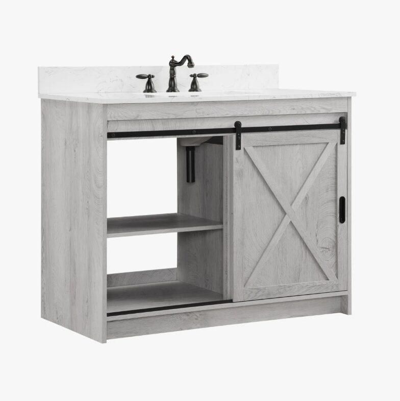 2 Light Gray Farmhouse Vanity with Cross Barn Door for Coastal, Modern Farm & Industrial Bath Remodel