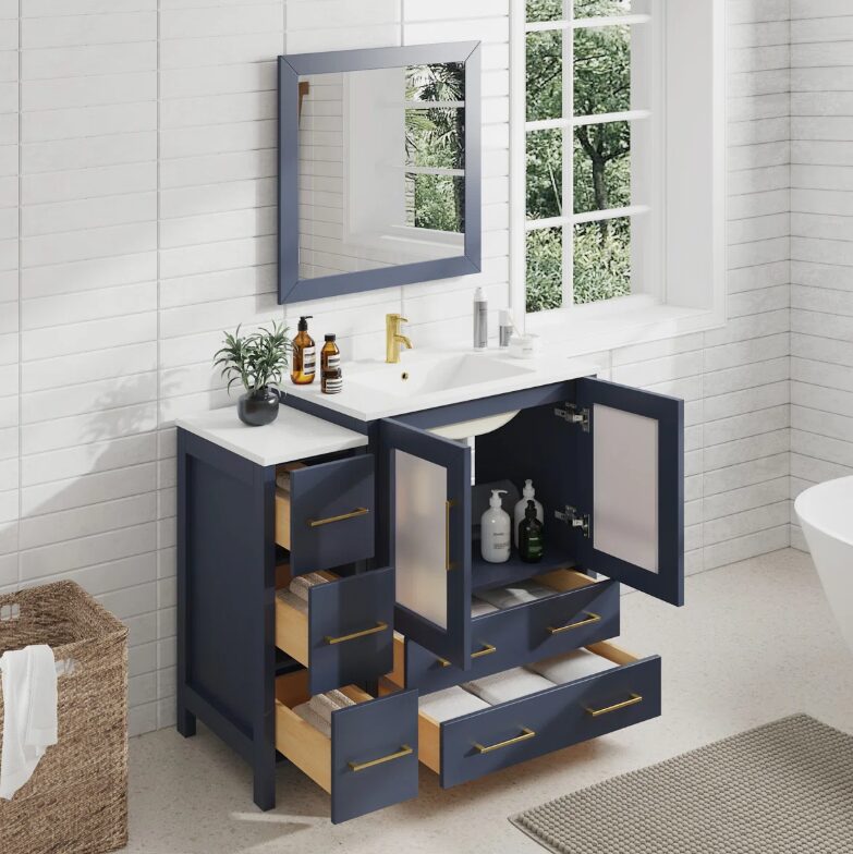 2 Modern Transitional Navy Blue Vanity Set for Contemporary & Minimalist Bathroom Remodel